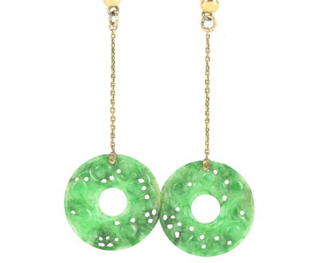 A pair of early 20th century jade gold plated drop earrings, the pierced and carved jade disks 23.9mm, suspended by gold plat