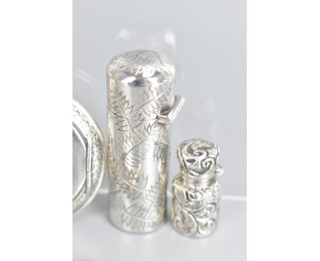 Five late 19th/early 20th century silver scent bottles to include a Victorian cranberry glass 'bullet' scent bottle, hallmark