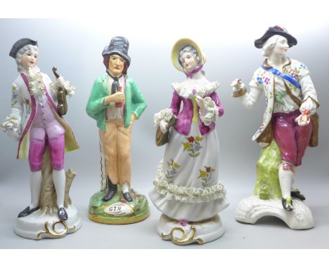 A German porcelain figure of a gentleman a/f, a Victorian Staffordshire temperance figure of a gentleman ‘Gin’ and ‘Water’ an