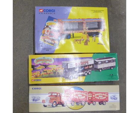 A Corgi Classics 11201 Circus ERF KV Artic with cages, lions, tigers, pedestal and tamer, 24801 Showmans Leyland Dodgem Truck