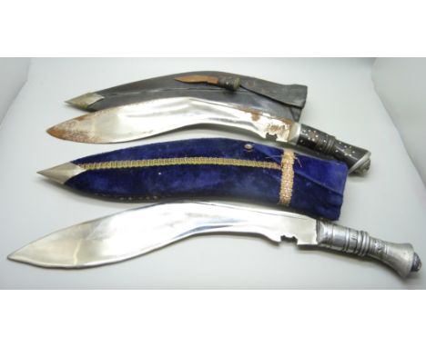 Two Indian kukris including one with a beadwork scabbard 
