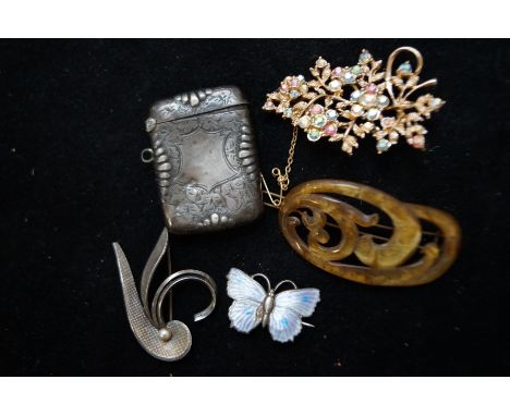 Silver enamel brooch, vintage fashion brooch (possibly silver) and 2 others and a silver vesta case