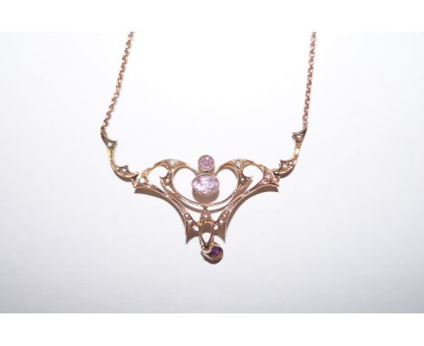 Art Nouveau 9 Carat Chain and Pendant set with Amethyst and Seed Pearls