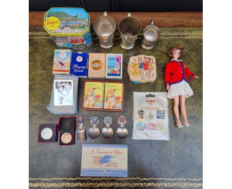 Of Butlins Interest: a mixed group of items, to include: a 1960s Butlins red coat 'Barbie' type doll; a small silver tankard,