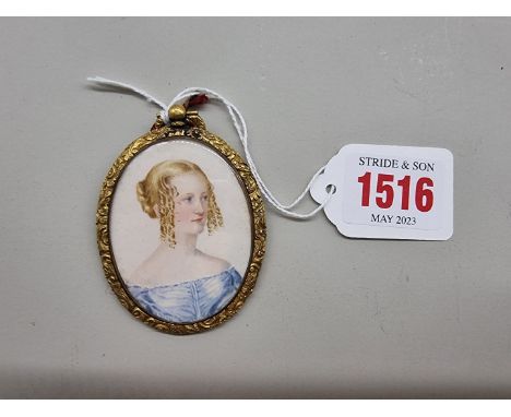 English School,&nbsp;19th century, bust length portrait miniature of a young lady, on ivory, 5.3 x 4cm oval, in a gilt metal 