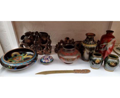 A collection of Chinese and Eastern cloisonne enamel, soapstone, and other works of art, largest 24.5cm wide.&nbsp; 