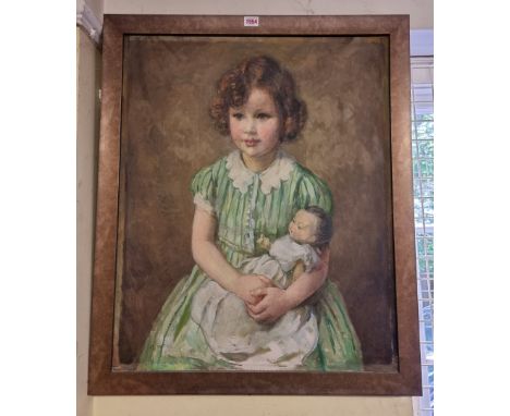 Maud Marion Wear,&nbsp;portrait of a young girl and her doll, signed, labelled verso, oil on canvas, 71 x 58cm. 