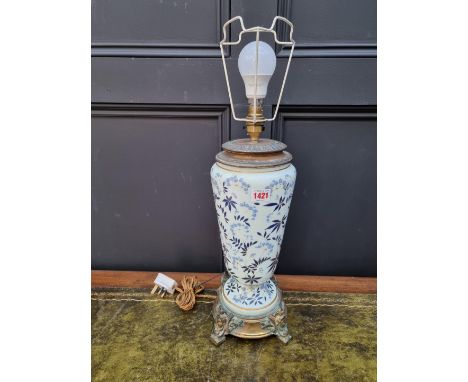 An opaque glass and brass table lamp, height excluding fitting 38cm, (converted). 