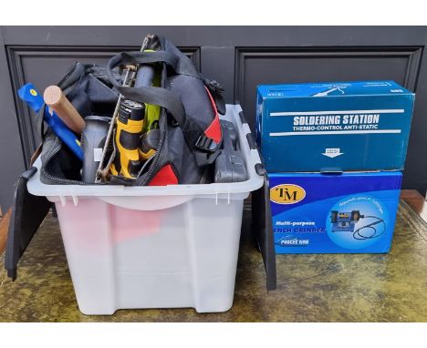 A collection of tools and DIY equipment,&nbsp;to include a soldering station, boxed; a bench grinder, boxed; various drills, 