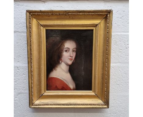 English School,&nbsp;late 17th century, bust length portrait of a lady wearing pearls, oil on canvas, 45 x 34cm.&nbsp; 