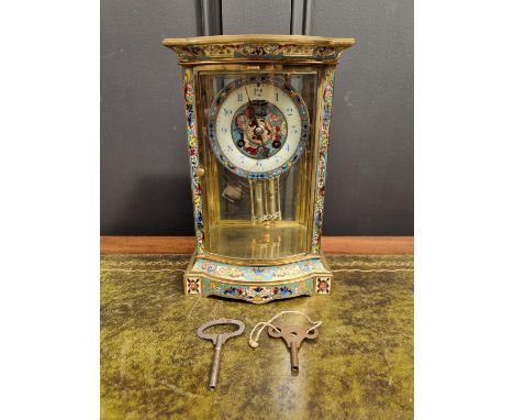 A circa 1900 brass and champleve enamel four glass mantel clock, with mercury pendulum, 27cm high, (cracks to chapter ring). 