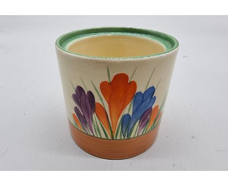 A Clarice Cliff 'Crocus' pattern preserve pot, 7.5cm high, (missing lid). 