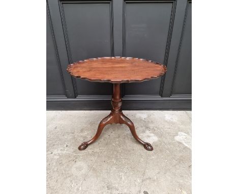 A George III mahogany pie crust tilt top tripod table,&nbsp;with one piece top, 75cm wide.&nbsp; 