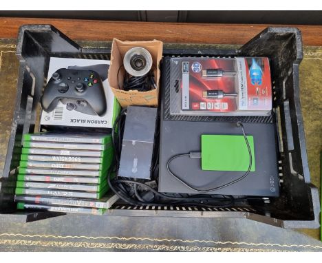 An X Box One console; together with boxed controller; Seagate 2TB drive; eleven games; and related leads, (plus empty stereo 