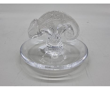 A Lalique style clear and frosted glass circular box and cover, bears signature, 14cm diameter; together with a similar ring 