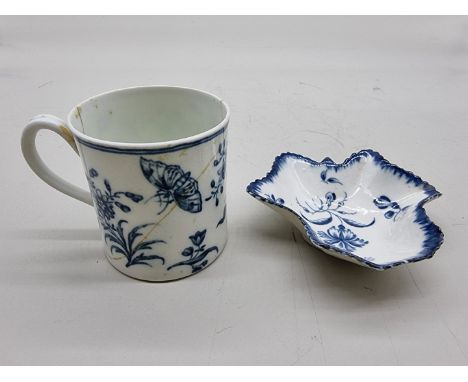 A Worcester first period 'Gillyflower' pattern leaf shape pickle dish, 9cm long, (glazed chip to rim); together with another 