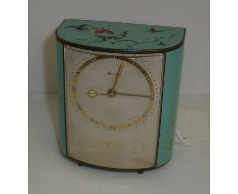 1930's Kienzel musical alarm clock in brass case with enamel panels painted with birds and flora