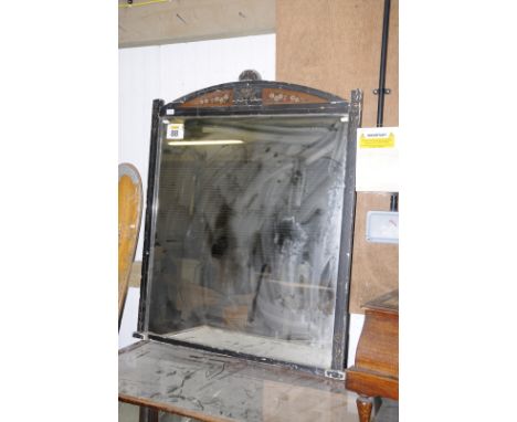 Ebonised over mantel mirror with an etched top enclosing painted panels 