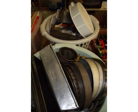 Two baskets containing vintage baking tins, cake tins, flan dishes, kitchenalia, enamel ware, Kenwood mixer   etc.