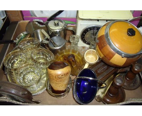 Box of glass and collectable's including enamel scales, glass candlesticks  etc.
