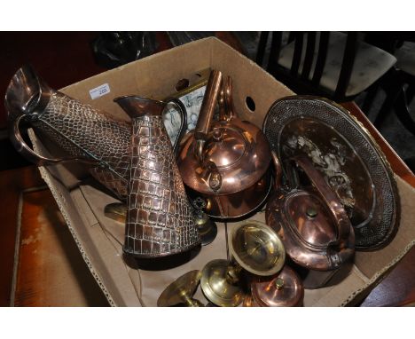 Selection of copper and brass ware including copper kettle with acorn finial, trivet stand, candle sticks, jugs etc  