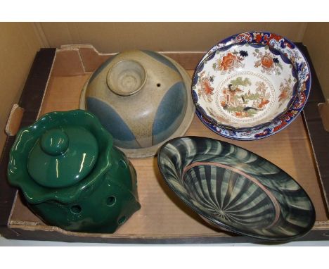 Studio pottery cheese dish and cover, Studio pottery bowl with painted makers mark to base, Nankin dish and one other and cer