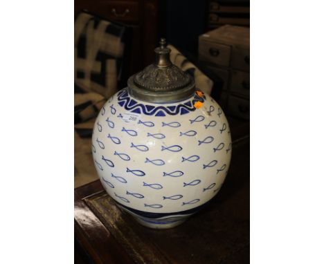 Extremely large blue & white ceramic vase with gilt lid