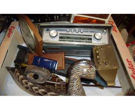 Small box of collectable's including mantel clock, slide rulers, carriage clock, draught mans set cardboard scales etc.