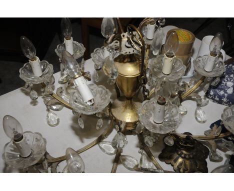 Eight branch chandelier with further inner four branches with pear shaped droplets and scrolled detail