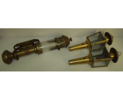 Pair of small brass carriage lamps and brass GWR wall mounted paraffin lamp