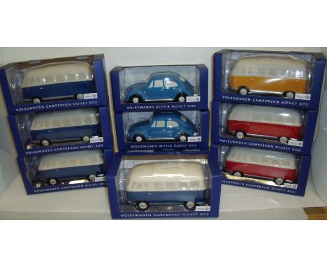 Ten ceramic Volkswagen Camper Van and Beetle money boxes in unopened original packaging