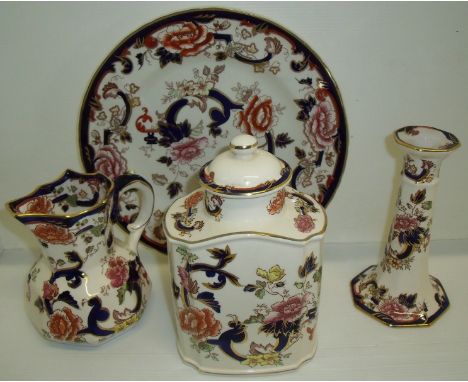 Four pieces of Mason's Mandalay including lidded pot, plate jug and candlestick