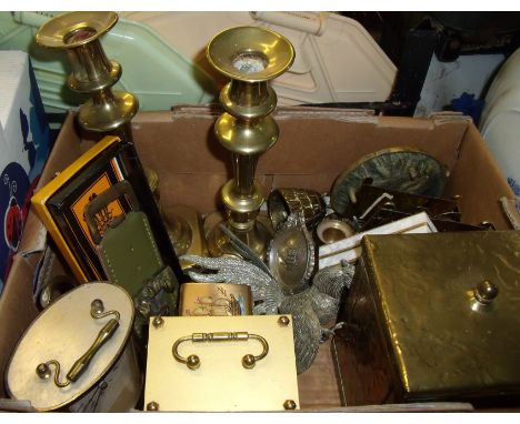 Box of collectable's including brass covered tea caddy, candlesticks, carriage clocks, silver plated fighting cocks etc.