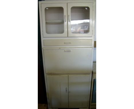 1950s kitchen cupboard with two upper glazed cupboards, cutlery shelf, fall front section above two cupboards