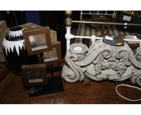 Decorative three sectional photo frame, ceramic vase, table lamp, candle stand and a large two tone vase (5)