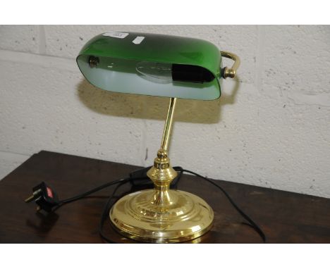 Brass desk style lamp with green glass shade 