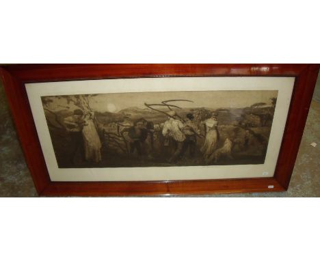 Large framed black and white print depicting farmers bringing in the hay