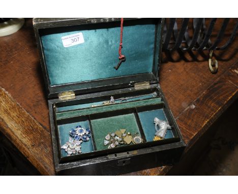 Rectangular leather bound jewellery box with a selection of various costume jewellery, brooches, fob compass etc   