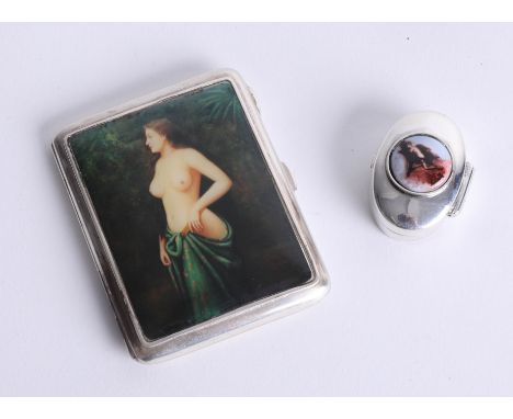 A cigarette case with printed nude portrait on the cover in sterling silver, approximately 65mm x 55mm and silver pill box, s