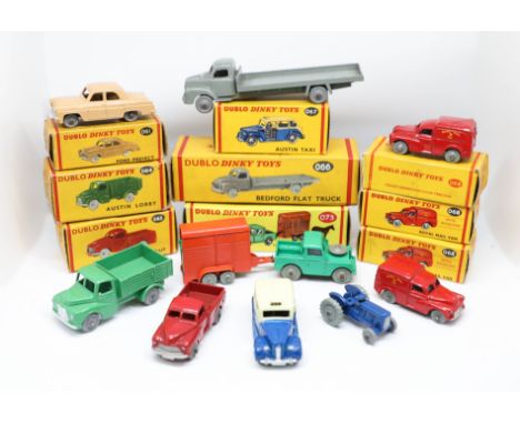 Dublo Dinky Toys, nine models, including Bedford Flat truck 66 boxed, Royal Mail Van 68 boxed, 64, 73, 67, 61, 68, 65, 69 all