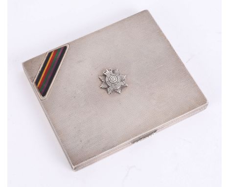 Hampshire Regiment, a military silver rectangular cigarette box, engine turned, with enamel crest, 4.96oz.