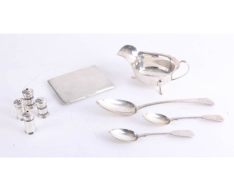 A silver sauceboat, silver salt and peppers, a George III silver spoon, two teaspoons and silver cigarette case with inscript