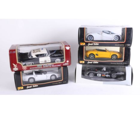 A mixed collection of five large scale models, including Maisto Special Edition Mustang Mach III, Maisto Special Edition Ford