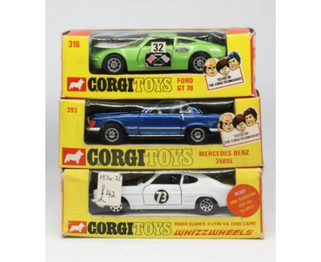 Corgi Toys, three models, Whizzwheels Ford Capri, 316 boxed, Ford GT, 393 boxed, Mercedes Benz, 303 boxed (3).