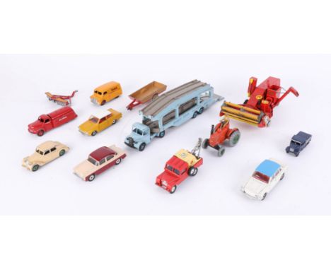 A collection of eleven models, including Dinky Toys Car transporter, Petrol Tanker, Humber, also corgi Major Combine, all unb