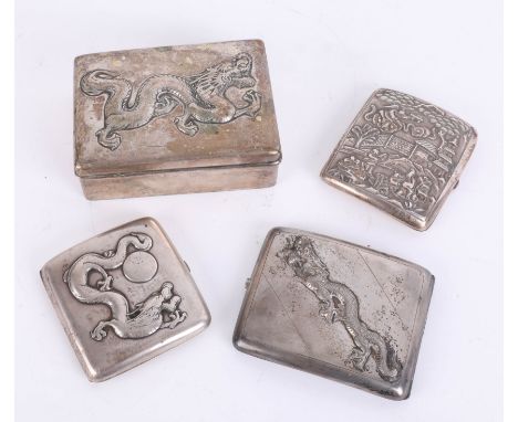 Three Chinese cigarette cases decorated with dragons together with a Chinese cigar box decorated with dragon (3).