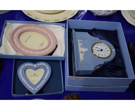 Modern Wedgwood Jasper ware mantel clock and two accompanying picture frames