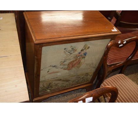 Mahogany side cabinet, the door inset with a tapestry panel of an Arab gentleman on horseback