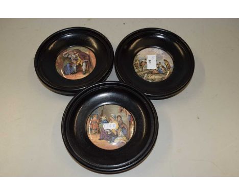 Three vintage Pratt ware pot lids in ebonised frames