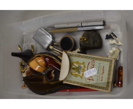 Box of various mixed items to include vintage tobacco pipe, various pens including Parker and other assorted items